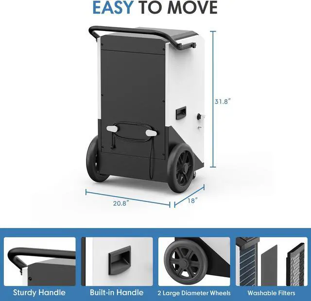 Alt view image 2 of 7 - ANDTE 250 Pints Commercial Dehumidifier, Crawl Space Dehumidifier for Basement, with internal automatic drain pump, 6.56ft Drain Hose and 24 Hr Timer, Spaces up to 8000 Sq Ft, Auto Defrost