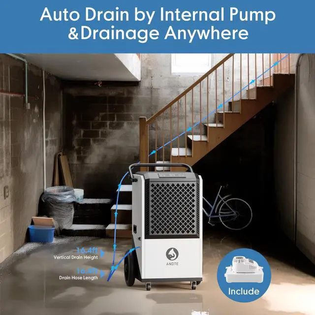 Alt view image 3 of 7 - ANDTE 250 Pints Commercial Dehumidifier, Crawl Space Dehumidifier for Basement, with internal automatic drain pump, 6.56ft Drain Hose and 24 Hr Timer, Spaces up to 8000 Sq Ft, Auto Defrost