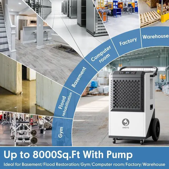 Alt view image 7 of 7 - ANDTE 250 Pints Commercial Dehumidifier, Crawl Space Dehumidifier for Basement, with internal automatic drain pump, 6.56ft Drain Hose and 24 Hr Timer, Spaces up to 8000 Sq Ft, Auto Defrost