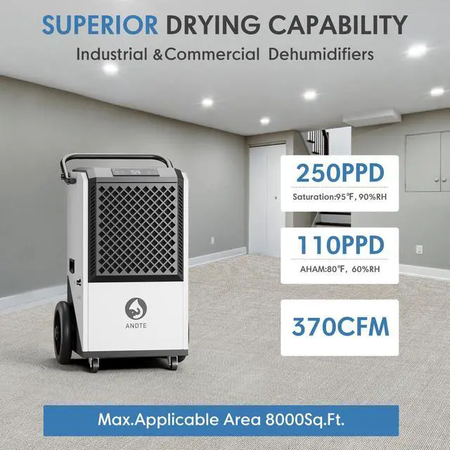 Alt view image 4 of 7 - ANDTE 250 Pints Commercial Dehumidifier, Crawl Space Dehumidifier for Basement, with internal automatic drain pump, 6.56ft Drain Hose and 24 Hr Timer, Spaces up to 8000 Sq Ft, Auto Defrost