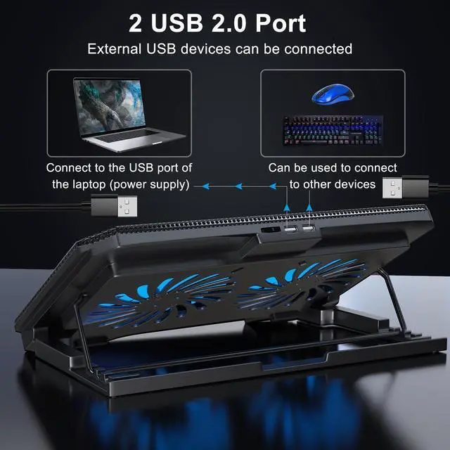 Alt view image 5 of 6 - LIENS Laptop Cooling Pad with Adjustable Height Two 5.1 Inches Fan 2 USB Ports Suitable for 12"-15.6" Laptops(Black)