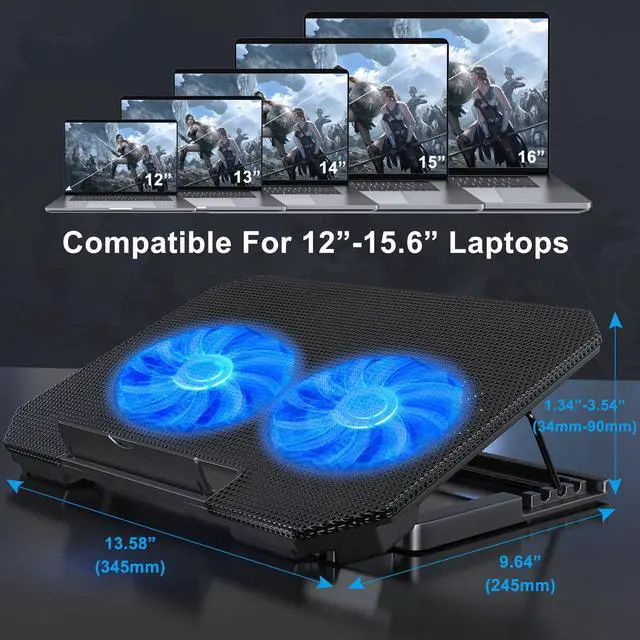 Alt view image 6 of 6 - LIENS Laptop Cooling Pad with Adjustable Height Two 5.1 Inches Fan 2 USB Ports Suitable for 12"-15.6" Laptops(Black)