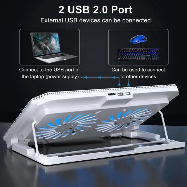 Alt view image 5 of 6 - LIENS Laptop Cooling Pad with Adjustable Height Two 5.1 Inches Fan 2 USB Ports Suitable for 12"-15.6" Laptops(White)