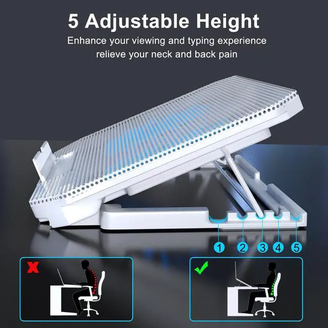 Alt view image 3 of 6 - LIENS Laptop Cooling Pad with Adjustable Height Two 5.1 Inches Fan 2 USB Ports Suitable for 12"-15.6" Laptops(White)