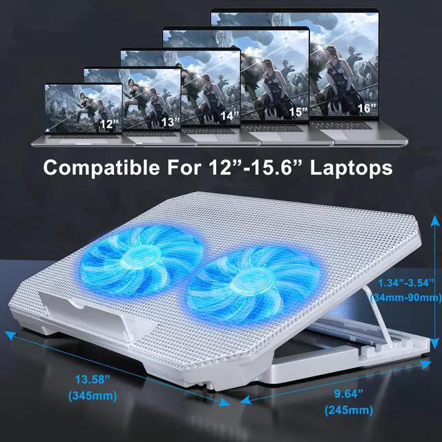 Alt view image 6 of 6 - LIENS Laptop Cooling Pad with Adjustable Height Two 5.1 Inches Fan 2 USB Ports Suitable for 12"-15.6" Laptops(White)