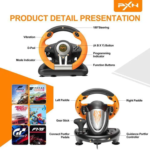 Alt view image 4 of 6 - PXN Racing Wheel - Gaming Steering Wheel for PC, V3II 180 Degree Driving Wheel Volante PC Universal Usb Car Racing with Pedal for PS4, PC, PS3,Xbox Series X|S, Xbox One Orange