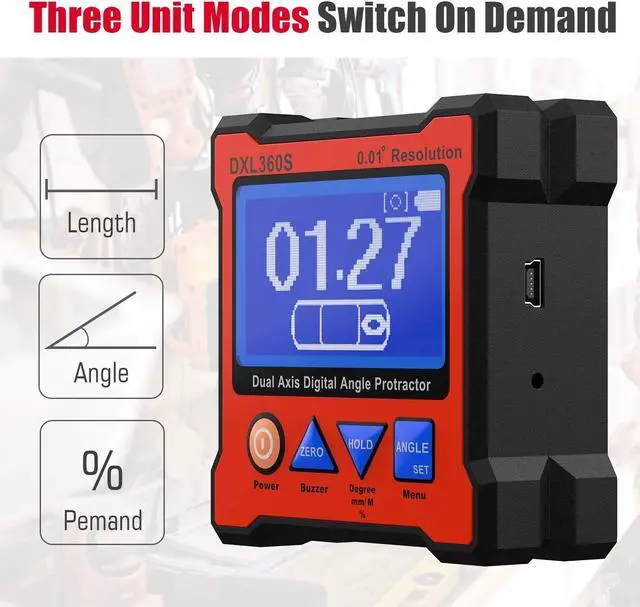 Alt view image 5 of 7 - Digital Protractor DXL360S GYRO + Gravity 2 in 1 Digital LCD Protractor Inclinometer Dual Axis Level Box 0.01°Resolution