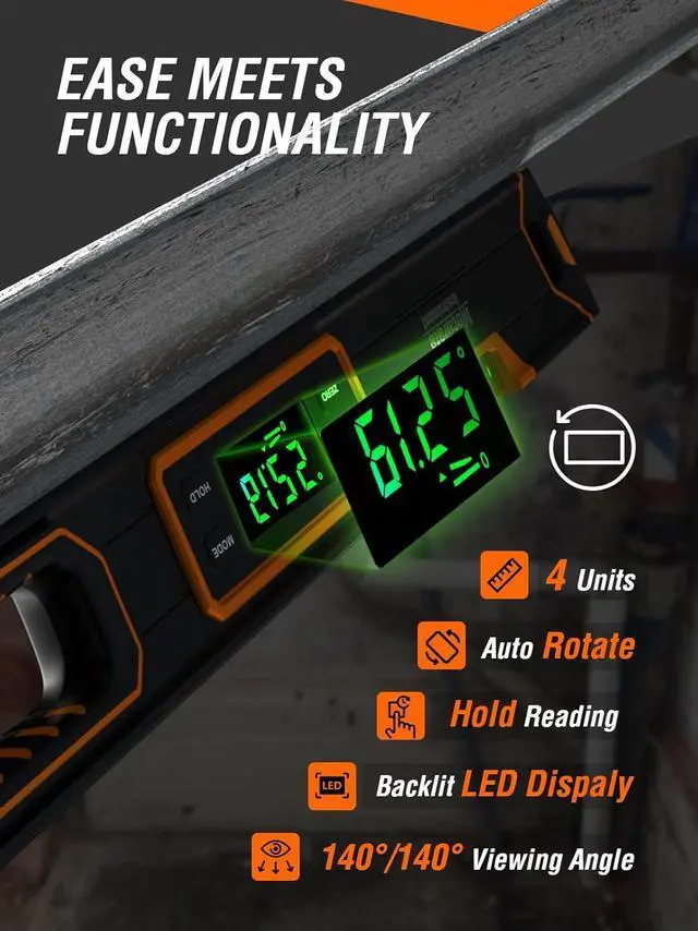 Alt view image 3 of 6 - 24-Inch Digital Level, Professional Smart Precision Torpedo Level Tool, Bright LCD Display, Audible Alerts, Magnetic Bottom, Dust Water Resistant, with Carrying Case