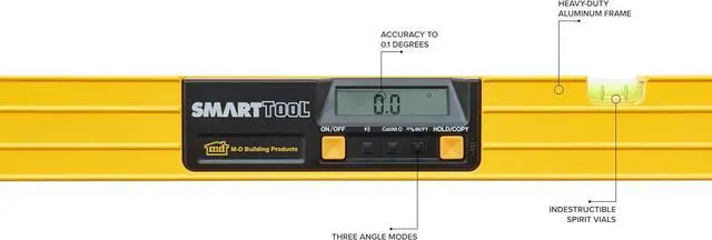 Alt view image 2 of 7 - 92296 SMARTTOOL® 48 Inch Digital Level: Precision Measurement with LCD Screen, Audible Alerts, Water Resistance, High Visibility, and Heavy-Duty Aluminum Frame