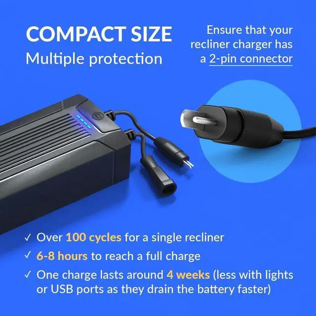 Alt view image 7 of 7 - Battery Pack for Reclining Furniture - Rechargeable Recliner Battery Pack - Universal 2-Pin Power Supply for Electric Recliners, Recliner Chair, Couch, Sofa (2200 mAh)