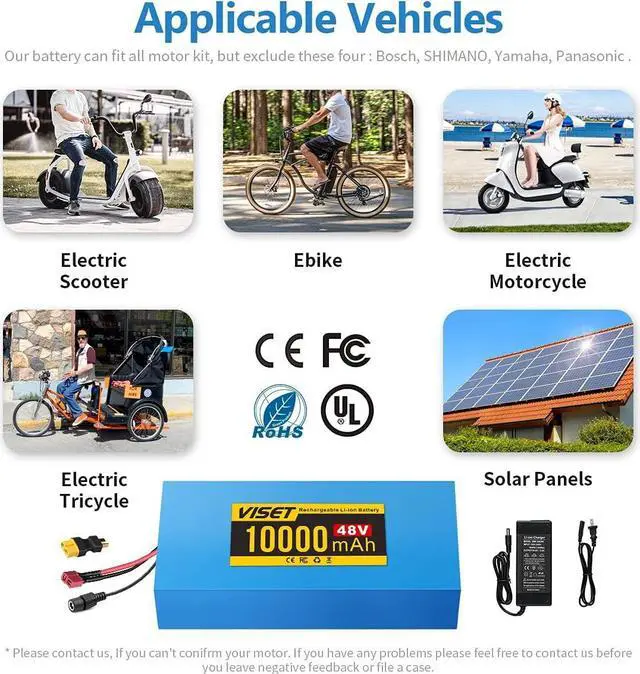 Alt view image 7 of 7 - VISET 48V/36V/24V Ebike Battery 10AH 14AH 20AH 30AH Electric Battery Lithium with BMS, Compatible with E-Bikes, Scooters, ATVs, Motorcycles and More, for 100-1000W Motor