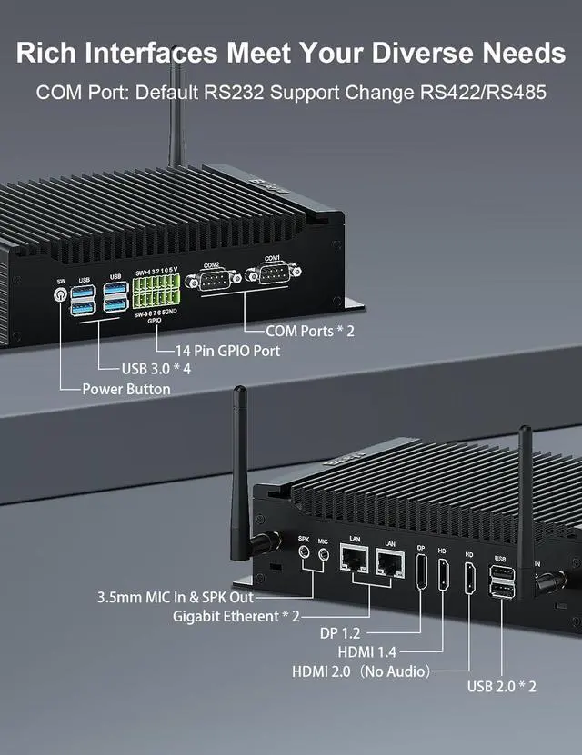 Alt view image 3 of 7 - Fanless Mini PC, 8GB RAM 256GB SSD Industrial PC, Core i5-8260U Windows 11 Pro Mini Computer with 2 RS232 COM, Support RS422/RS485, 2 HD, DP, 4K Triple Display, 2 RJ45 LAN, GPIO Port, WiFi 5