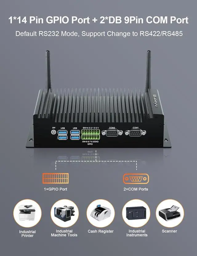 Alt view image 6 of 7 - Fanless Mini PC, 8GB RAM 256GB SSD Industrial PC, Core i5-8260U Windows 11 Pro Mini Computer with 2 RS232 COM, Support RS422/RS485, 2 HD, DP, 4K Triple Display, 2 RJ45 LAN, GPIO Port, WiFi 5