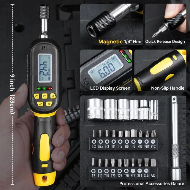 Alt view image 3 of 7 - 32PCS Digital Torque Screwdriver, 2.66-53.1 in-lbs/0.3-6 Nm, Inch Pound Torque Screwdriver Electrician with Buzzer & LED Indicator, Adjustable Screwdriver Torque Wrench Set with Bits & Sockets