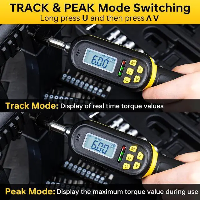 Alt view image 6 of 7 - 32PCS Digital Torque Screwdriver, 2.66-53.1 in-lbs/0.3-6 Nm, Inch Pound Torque Screwdriver Electrician with Buzzer & LED Indicator, Adjustable Screwdriver Torque Wrench Set with Bits & Sockets