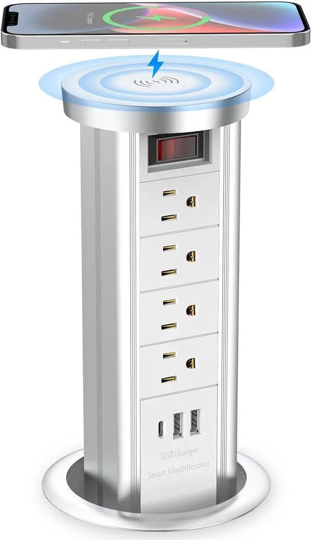 Main image of Pop Up Outlet for Countertop, Receptacle Power Strip with USB C & 4 AC Outlet, Pull Popup Outlet Recessed Power Socket with 10W Wireless Charger for Kitchen Conference Office