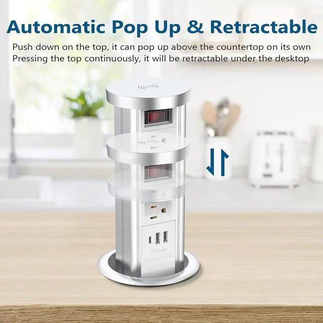 Alt view image 2 of 7 - Pop Up Outlet for Countertop, Receptacle Power Strip with USB C & 4 AC Outlet, Pull Popup Outlet Recessed Power Socket with 10W Wireless Charger for Kitchen Conference Office