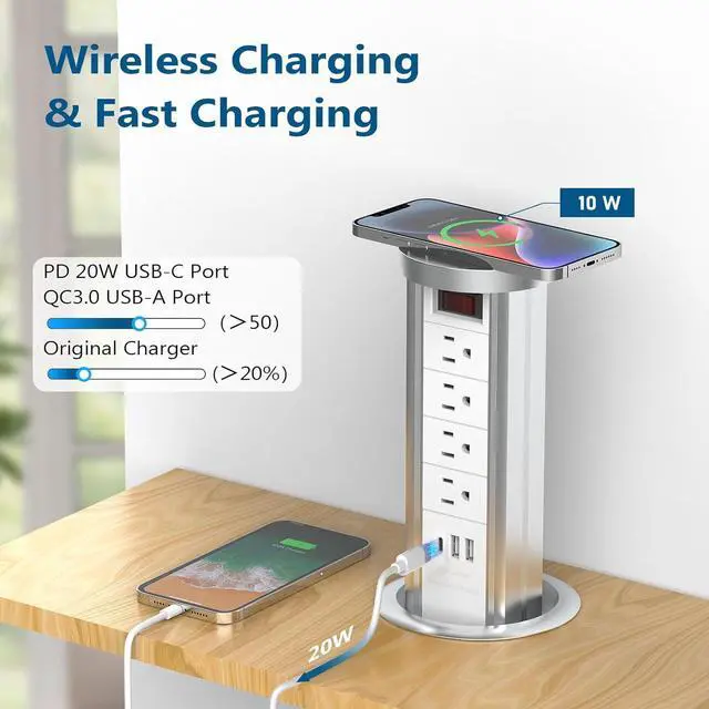 Alt view image 4 of 7 - Pop Up Outlet for Countertop, Receptacle Power Strip with USB C & 4 AC Outlet, Pull Popup Outlet Recessed Power Socket with 10W Wireless Charger for Kitchen Conference Office