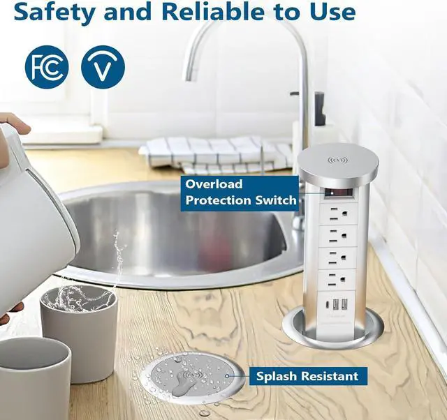 Alt view image 5 of 7 - Pop Up Outlet for Countertop, Receptacle Power Strip with USB C & 4 AC Outlet, Pull Popup Outlet Recessed Power Socket with 10W Wireless Charger for Kitchen Conference Office