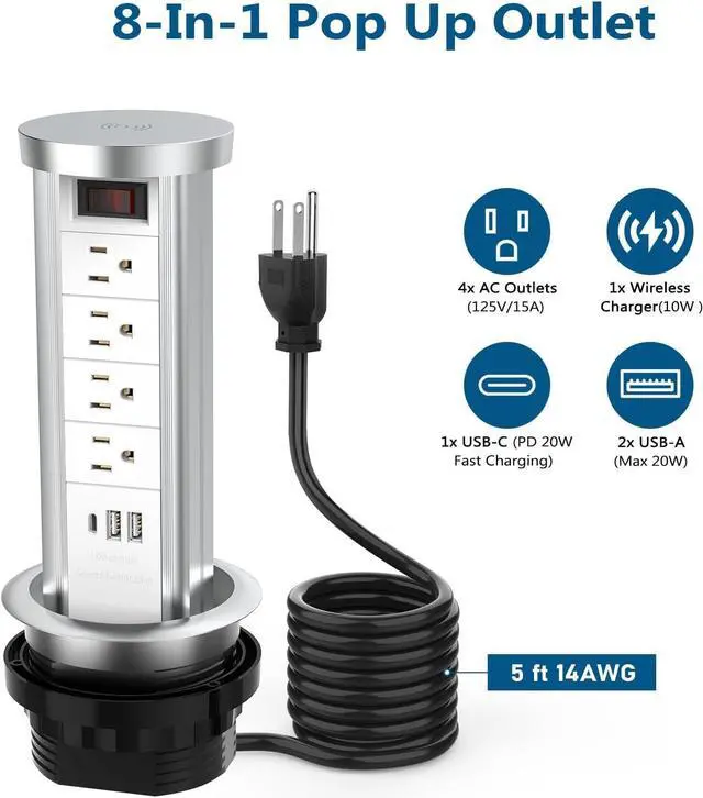 Alt view image 7 of 7 - Pop Up Outlet for Countertop, Receptacle Power Strip with USB C & 4 AC Outlet, Pull Popup Outlet Recessed Power Socket with 10W Wireless Charger for Kitchen Conference Office