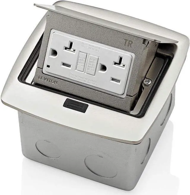 Alt view image 3 of 7 - PFGF2-BN Pop-Up Floor Box with 20 Amp, Tamper-Resistant Self-Test GFCI Outlet, Brushed Nickel
