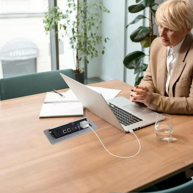 Alt view image 3 of 6 - Table Pop up Power Strip Date Hub Connection Box with Outlet Network HDMI for Office DeskSilver