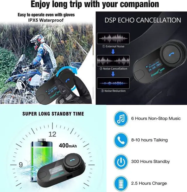 Alt view image 6 of 7 - Motorcycle Helmet Bluetooth Intercom Kit, TCOM-SC Motorbike Helmet Intercom Interphone Headset, for 2 or 3 Riders, LCD Screen/FM Radio/Mobile phone/MP3/GPS Connective/Range 800m(1 Pack)