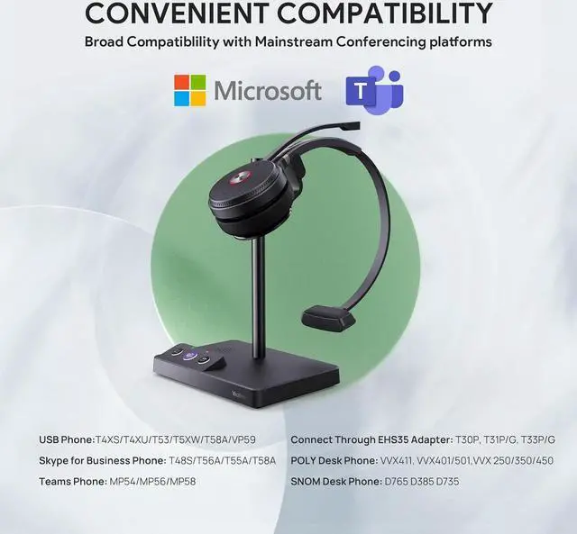 Alt view image 4 of 7 - Yealink WH62 DECT Mono Teams Wireless Headset, 525 ft Range Work Headphone with 2X Noise Canceling Mic for IP Phone and Computer, Single Ear Headset with Call Control, Ringer,13H Talk Time