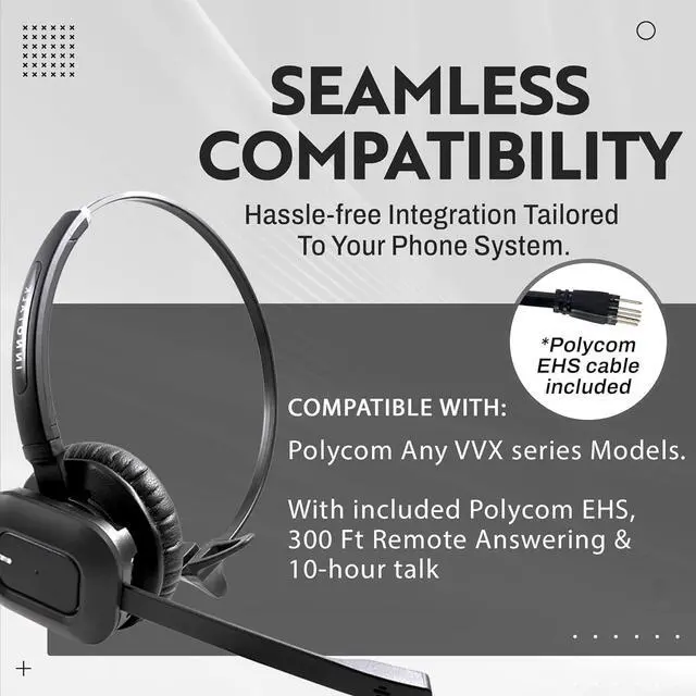 Alt view image 4 of 6 - Wireless Headset Compatible with Polycom VVX 101, VVX 201, VVX 301, VVX 311, VVX 401, VVX 411, VVX 501, VVX 601 Phone with Remote Answering Cord(Explorer)