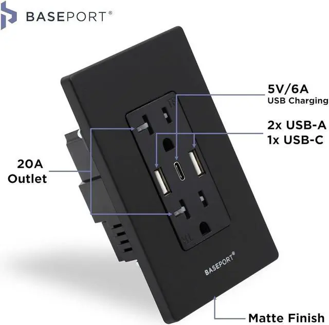 Alt view image 2 of 7 - Wall Outlet with USB Ports - 125V 20 Amp Outlet, 5V/6A USB Outlets Receptacles, Dual USB-A, 1 USB-C, Double Gang White Faceplate