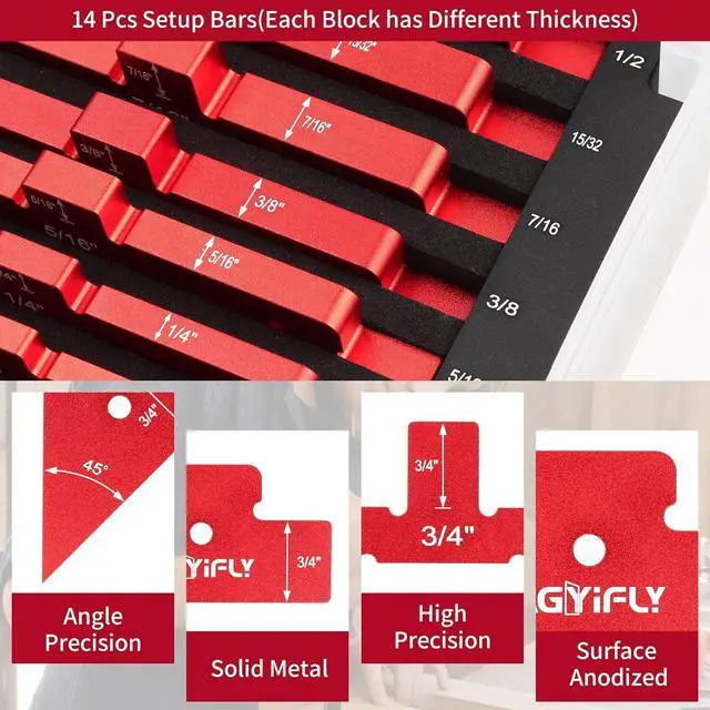 Alt view image 6 of 7 - Setup Blocks Woodworking, 14pcs Aluminum Height Gauge Set for Router Table Saw and Angle Measure up (Each Bars has Different Thickness) -