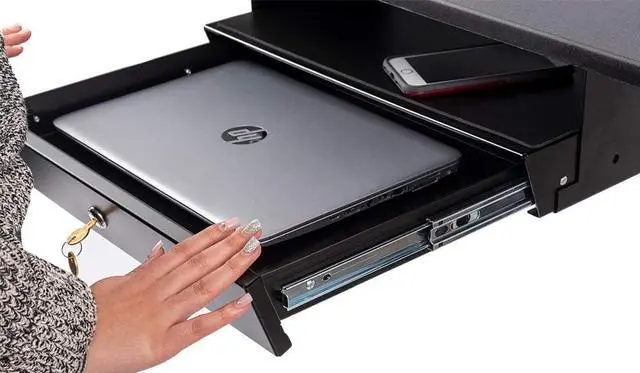 Alt view image 3 of 7 - Stand Up Desk Store Add-On Office Sliding Under-Desk Drawer Storage Organizer for Standing Desks (Black, Lockable with Padded Laptop Shelf) 18"