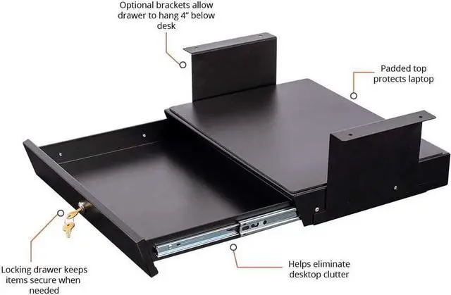 Alt view image 7 of 7 - Stand Up Desk Store Add-On Office Sliding Under-Desk Drawer Storage Organizer for Standing Desks (Black, Lockable with Padded Laptop Shelf) 18"