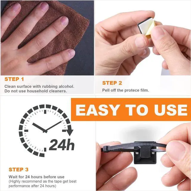 Alt view image 7 of 7 - 140 Pack 3/4 Zip Tie Adhesive Mounts Self Adhesive Cable Base Holders with Multi-Purpose Tie wire clips with screw hole Anchor stick on wire holder Black