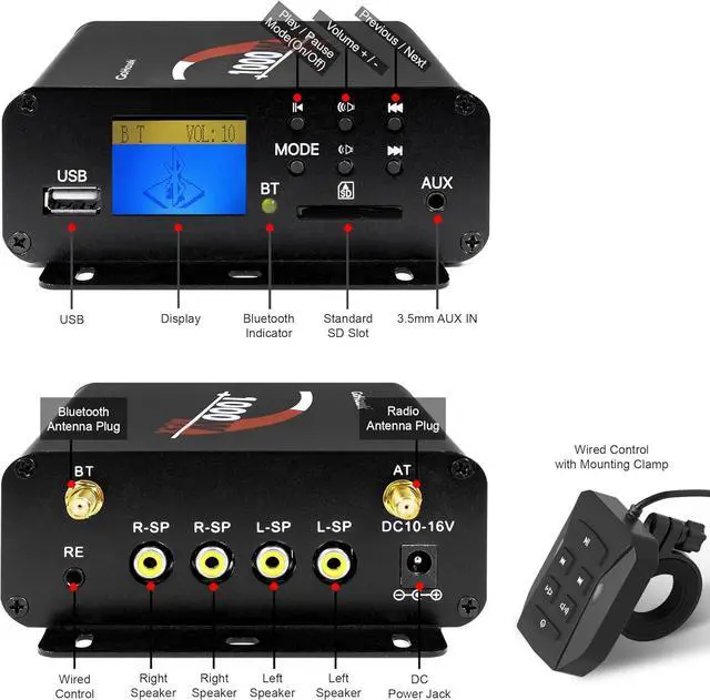 Alt view image 5 of 7 - GoHawk TJ4-Q 1000W 4 Channel Amplifier 4" Full Range Waterproof Bluetooth Motorcycle Stereo Speakers Audio System AUX USB SD Radio for 1-1.5" Handlebar Harley Touring Cruiser ATV