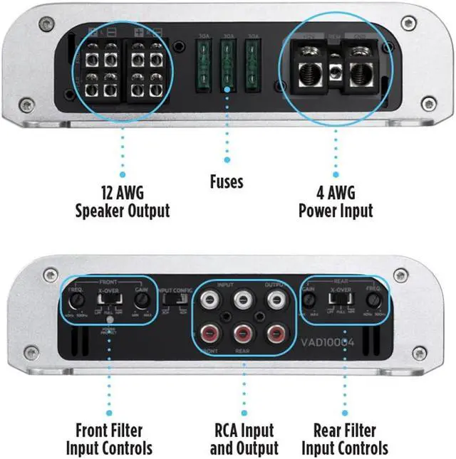 Alt view image 2 of 7 - VAD10004 4-Channel Full-Range Class D Amplifier 2000W Max, 1000W RMS High Power, 2/4-ohm Stable, High/Low Pass X-Over, for Car/Truck/Marine/UTV/Motorcycle