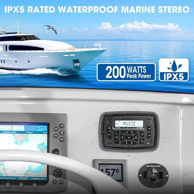 Alt view image 2 of 6 - Bluetooth Marine Radio Receiver Waterproof - 200 Watts Boat Stereo Head Unit with Subwoofer USB AUX AM FM for ATV UTV RZR Motorcycle Golf Cart Spa Powersports
