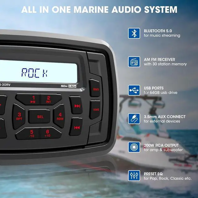 Alt view image 3 of 6 - Bluetooth Marine Radio Receiver Waterproof - 200 Watts Boat Stereo Head Unit with Subwoofer USB AUX AM FM for ATV UTV RZR Motorcycle Golf Cart Spa Powersports