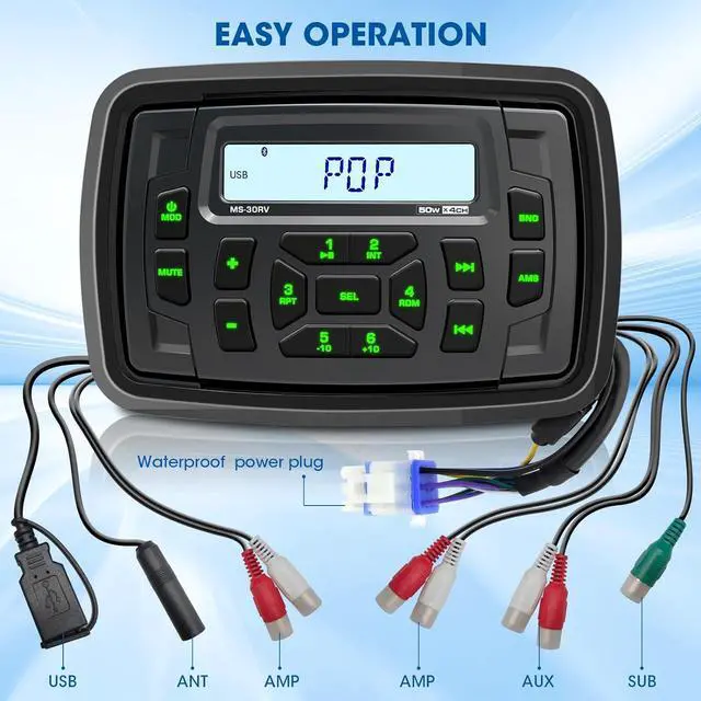 Alt view image 4 of 6 - Bluetooth Marine Radio Receiver Waterproof - 200 Watts Boat Stereo Head Unit with Subwoofer USB AUX AM FM for ATV UTV RZR Motorcycle Golf Cart Spa Powersports