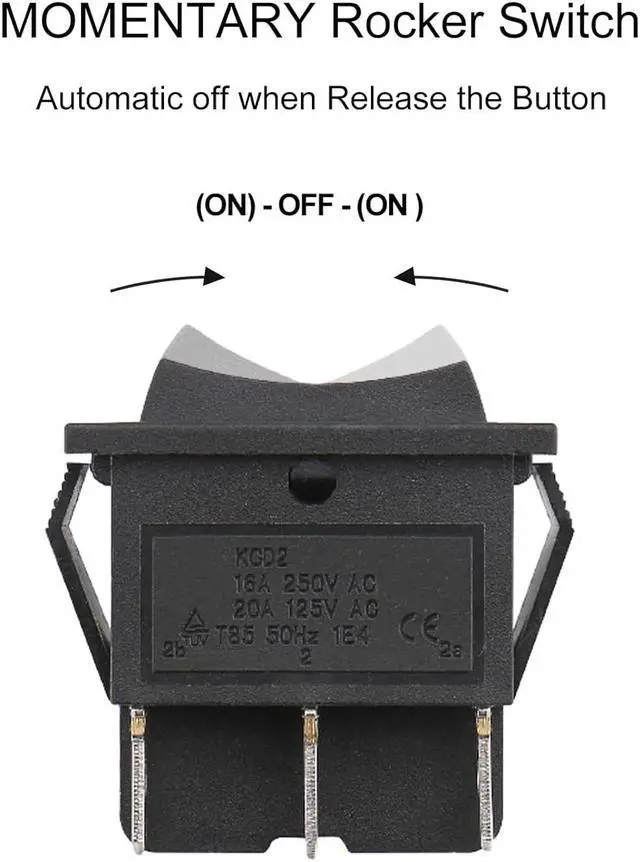 Alt view image 2 of 6 - Momentary 6 Pin DPDT Button Rocker Switch (ON)/Off/(ON) AC 250V/10A 125V/15A Black Plastic KCD2-223 (50PCS)