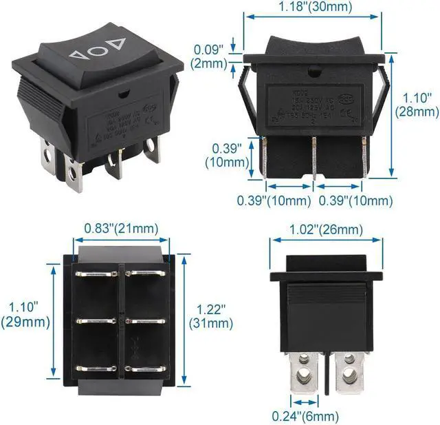 Alt view image 3 of 6 - Momentary 6 Pin DPDT Button Rocker Switch (ON)/Off/(ON) AC 250V/10A 125V/15A Black Plastic KCD2-223 (50PCS)