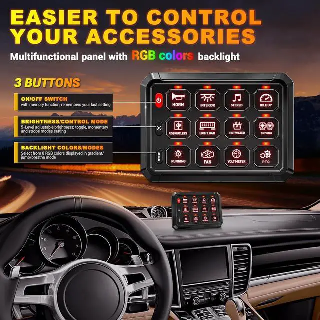 Alt view image 2 of 7 - BUMBEE RGB 12 Gang Switch Panel Multifunction 3 Silicone Button Momentary Strobe ON-Off Circuit Control Relay LED Toggle Switch Box Universal for Golf Cart Car Truck RV Offroad Marine