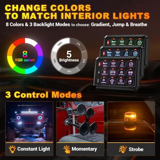 Alt view image 3 of 7 - BUMBEE RGB 12 Gang Switch Panel Multifunction 3 Silicone Button Momentary Strobe ON-Off Circuit Control Relay LED Toggle Switch Box Universal for Golf Cart Car Truck RV Offroad Marine