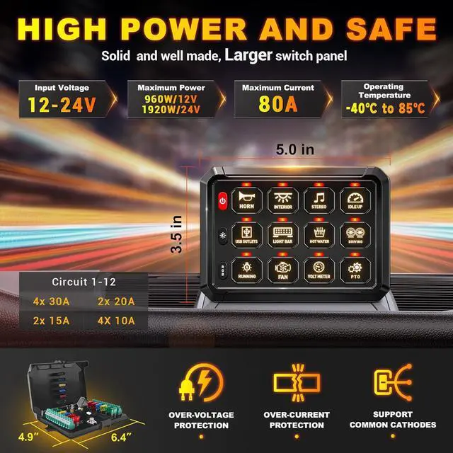 Alt view image 5 of 7 - BUMBEE RGB 12 Gang Switch Panel Multifunction 3 Silicone Button Momentary Strobe ON-Off Circuit Control Relay LED Toggle Switch Box Universal for Golf Cart Car Truck RV Offroad Marine