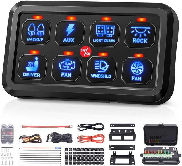 Main image of 8 Gang Switch Panel, Blue LED Touch Control Panel Box Car Touch Switch Box, Universal Momentary Switch with Fuse Block Label Stickers for Truck ATV UTV Marine Caravan