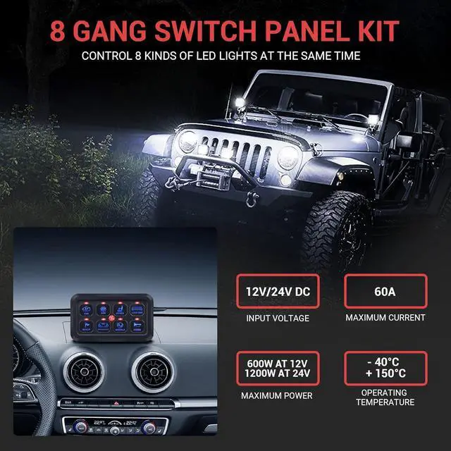 Alt view image 2 of 7 - 8 Gang Switch Panel, Blue LED Touch Control Panel Box Car Touch Switch Box, Universal Momentary Switch with Fuse Block Label Stickers for Truck ATV UTV Marine Caravan