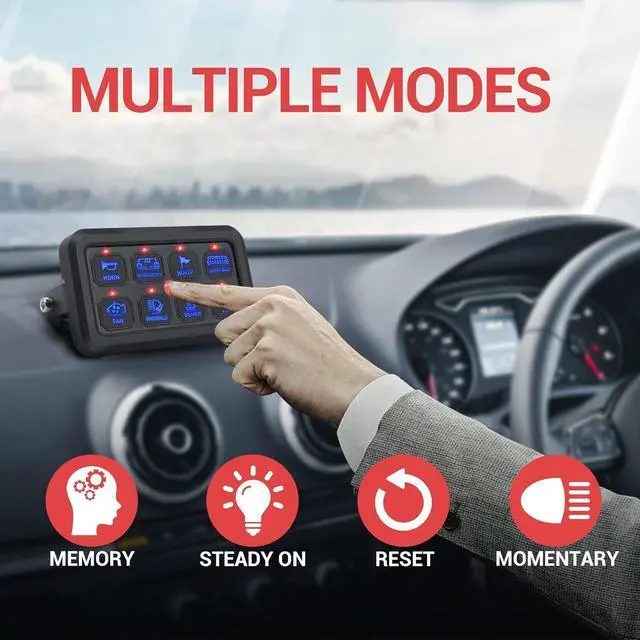 Alt view image 3 of 7 - 8 Gang Switch Panel, Blue LED Touch Control Panel Box Car Touch Switch Box, Universal Momentary Switch with Fuse Block Label Stickers for Truck ATV UTV Marine Caravan