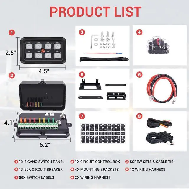 Alt view image 7 of 7 - 8 Gang Switch Panel, Blue LED Touch Control Panel Box Car Touch Switch Box, Universal Momentary Switch with Fuse Block Label Stickers for Truck ATV UTV Marine Caravan