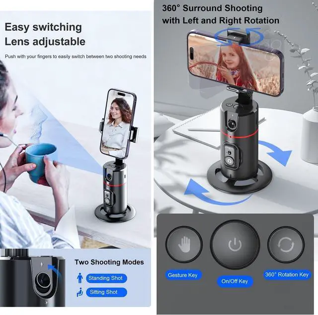 Alt view image 3 of 6 - Auto Face Tracking Tripod 360° Rotation - Auto Tracking Phone Holder with Remote, Smart Shooting Phone Stand Moving Tripod for iPhone Content Creator Essentials for Video Vlog Live Stream, No App