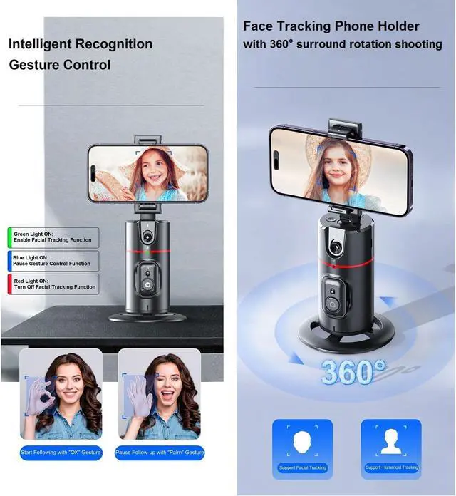 Alt view image 4 of 6 - Auto Face Tracking Tripod 360° Rotation - Auto Tracking Phone Holder with Remote, Smart Shooting Phone Stand Moving Tripod for iPhone Content Creator Essentials for Video Vlog Live Stream, No App